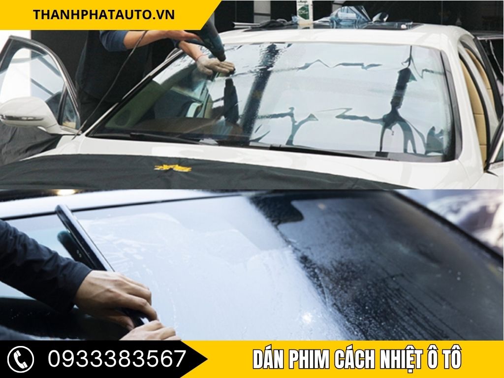 "Kỹ thuật viên đang thực hiện dán phim cách nhiệt ô tô tại Long Thành tại Thành Phát Auto, giúp giảm nhiệt và bảo vệ sức khỏe người ngồi trong xe."