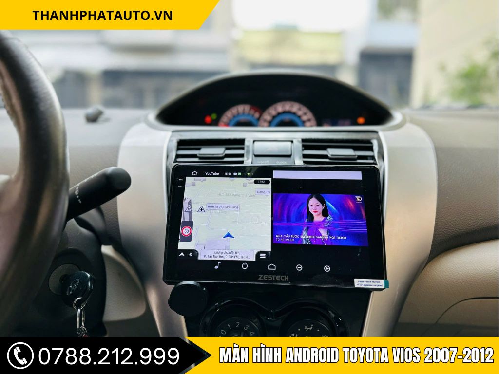 Văn bản thay thế: Màn hình Android Zestech lắp cho Toyota Vios 2007, hiển thị bản đồ dẫn đường cùng video giải trí YouTube, giúp trải nghiệm lái xe thông minh và tiện lợi.