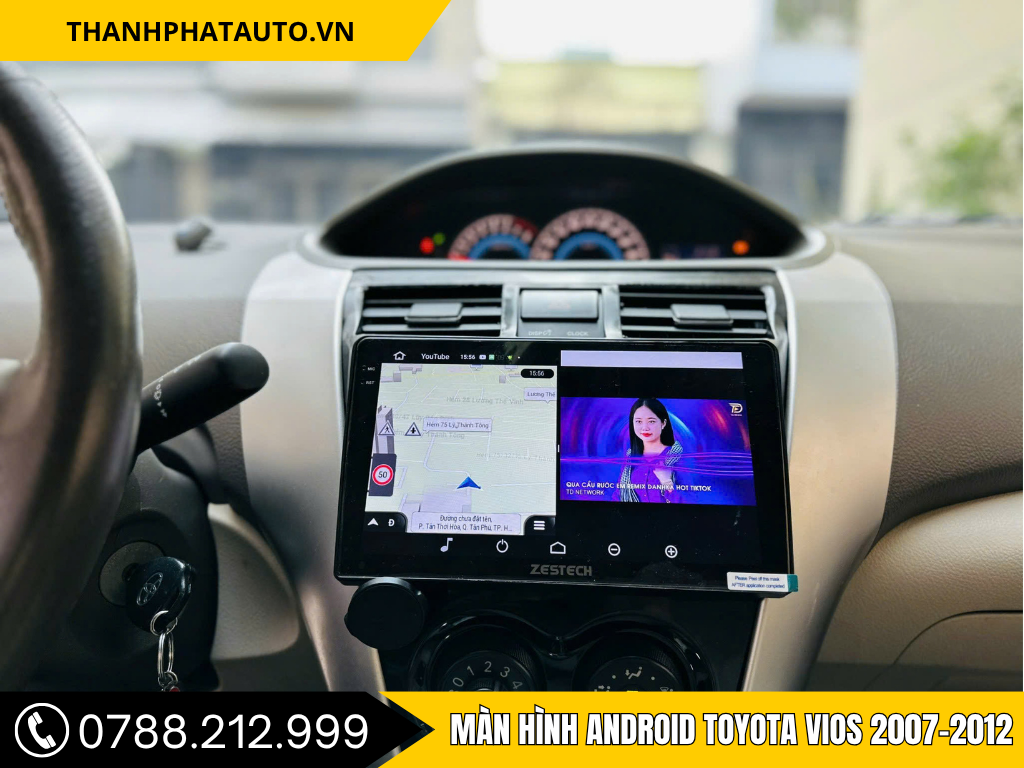 Văn bản thay thế: Màn hình Android Zestech lắp cho Toyota Vios 2007, hiển thị bản đồ dẫn đường cùng video giải trí YouTube, giúp trải nghiệm lái xe thông minh và tiện lợi.