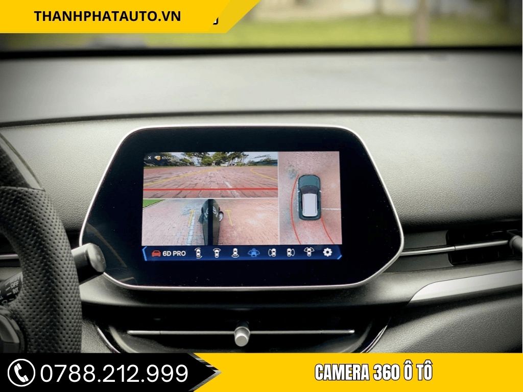 Màn hình hiển thị từ camera 360 ô tô tại Bà Rịa, giúp bạn quan sát toàn cảnh xung quanh xe một cách dễ dàng, hỗ trợ đỗ xe và di chuyển an toàn.