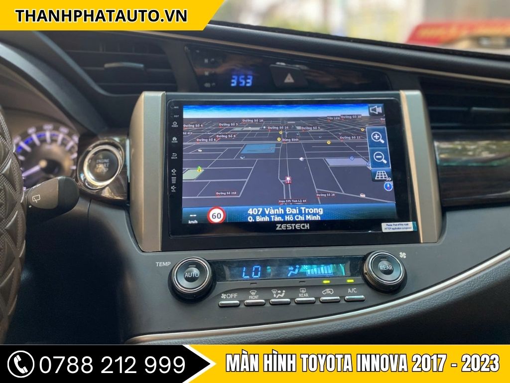 Màn hình android ô tô tại Bình Dương được lắp trên xe, hiển thị giao diện điều khiển thông minh với màu sắc nổi bật.