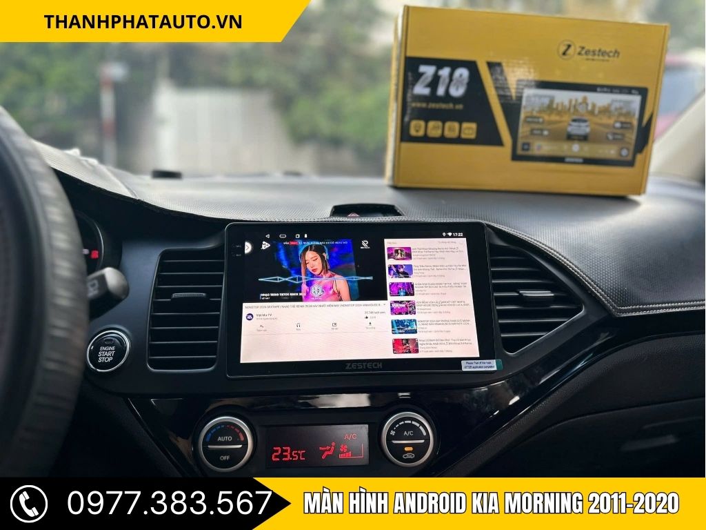 Màn hình android Kia Morning 2011-2020 chạy YouTube và các ứng dụng giải trí trực tuyến.